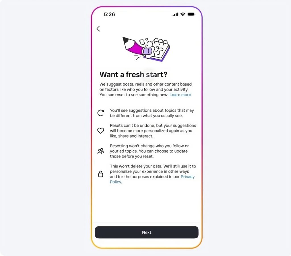 Meta uvodi novu funkciju na Instagram-u Resetovanje preporučenog sadržaja na Explore, Reels i Feed-u 1