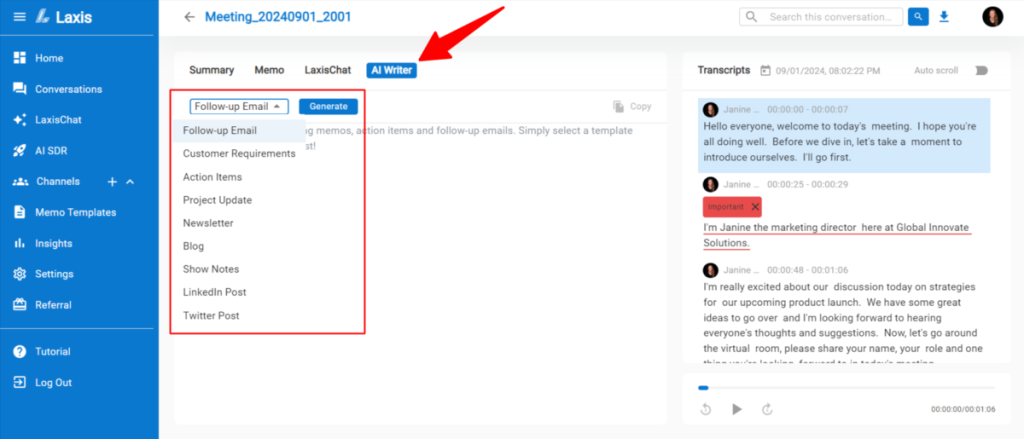 Laxis No.1 AI pomoćnik za produktivnost tokom sastanaka 19