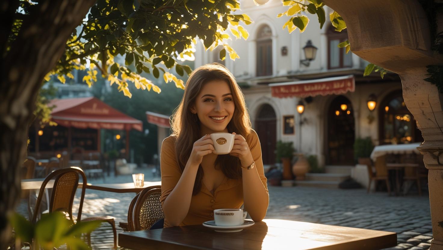Fotorealistična slika, kinematografski stil. Mlada žena sa osmehom pije espreso u bašti kafića u Skadarliji, Beograd. Jutarnje sunce se probija kroz lišće, stvarajući prelepe senke na kaldrmi. U pozadini se nazire autentična srpska arhitektura. Fotografisano sa FujiFilm kamerom, filmski izgled.