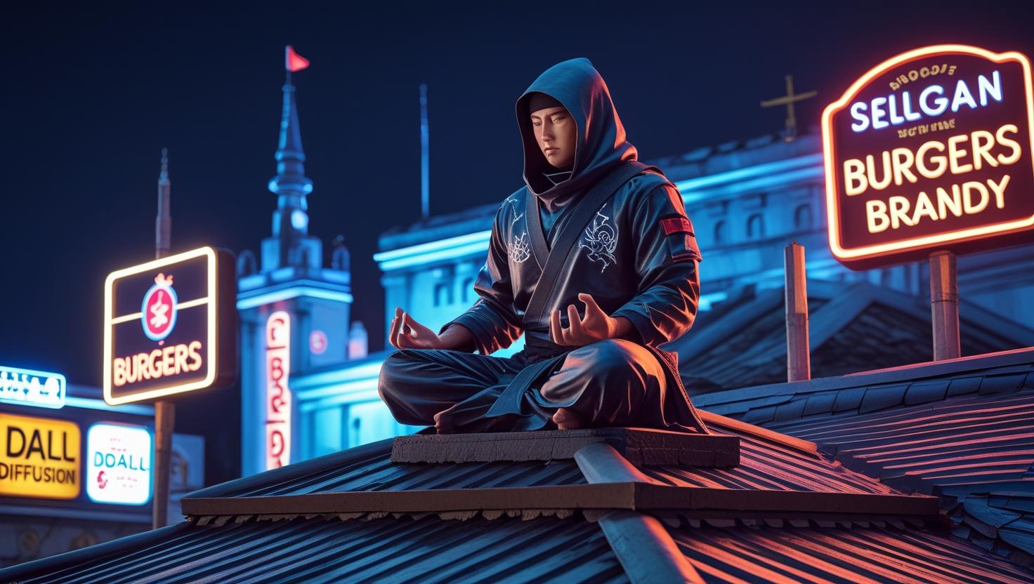 Digitalna slika, visoki detalji. Sveti Sava kao cyberpunk nindža sedi na krovu Hrama Svetog Save u Beogradu, meditira dok neonske reklame za pljeskavicu i rakiju osvetljavaju noć.
