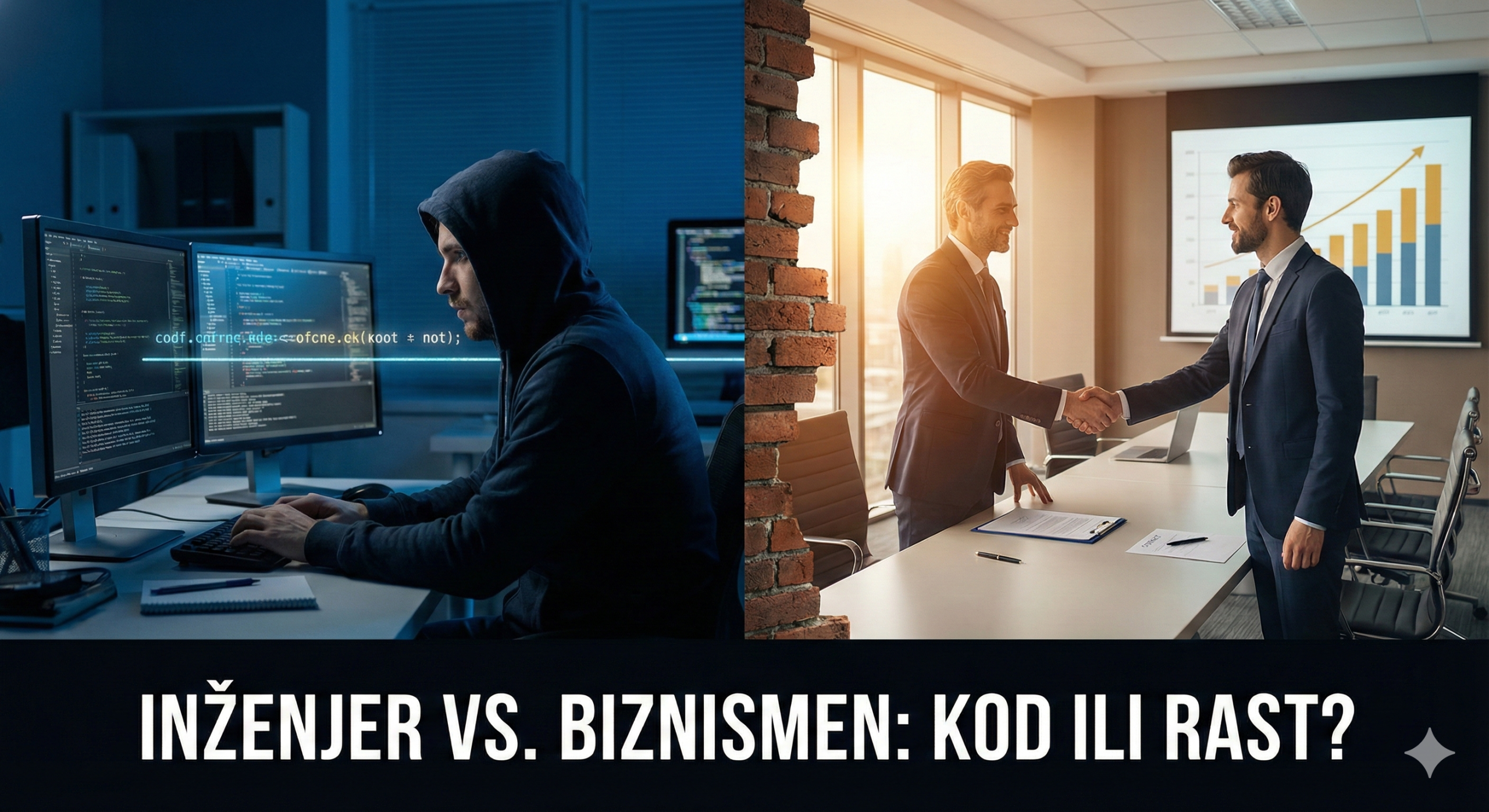 Ilustracija programer u mraku protiv biznismena u svetloj kancelariji, kontrast outsourcing i startap